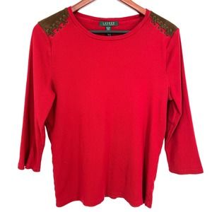 Ralph Lauren Sz XL Red Ribbed Faux Suede 3/4 Sleeve Blouse Shirt Top Office